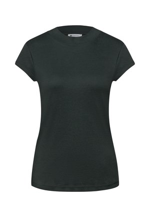 Schwarzes, kurzärmliges, eng anliegendes T-Shirt mit Rundhalsausschnitt, glatter Textur und schlichtem Design.