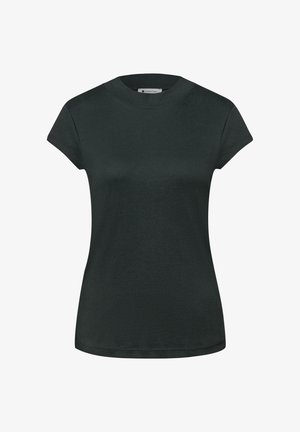 Maglietta nera aderente a maniche corte con scollo tondo, caratterizzata da una texture liscia e un design semplice.