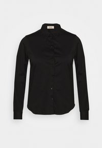 Svart button-up skjorta med lång ärm, krage och rundad nederkant. Slät textur; har jämnt fördelade knappar längs fram.