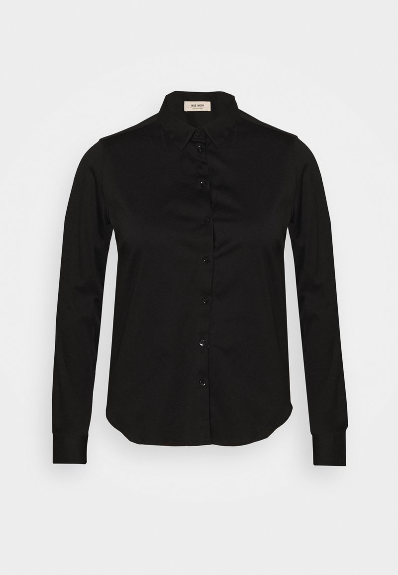 Svart button-up skjorta med lång ärm, krage och rundad nederkant. Slät textur; har jämnt fördelade knappar längs fram.