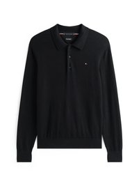 Svart langermet polo-skjorte laget av myk stoff, med klassisk krage, tre-knappers knappestolpe, og en liten logo på brystet.