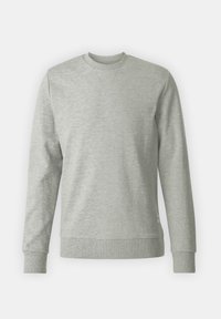 Light grey crewneck sweatshirt with long sleeves, ribbed cuffs and hem, and subtle stitched V detail below collar, displayed front-facing.