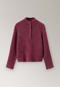 Pull en laine bordeaux à manches longues, col montant et patte de boutonnage avant avec cinq boutons, sur fond uni.