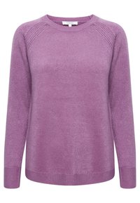Hellblauer, gestrickter Pullover mit Rundhalsausschnitt, langen Ärmeln und geripptem Saum. Verfügt über eine Rippstruktur an den Schulternähten für zusätzliche Textur.