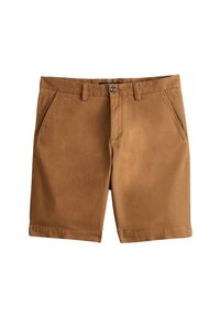Shorts en coton marron avec une texture lisse, dotés de deux poches avant, d'un bouton de fermeture et d'une taille plate, conçus pour un port décontracté.