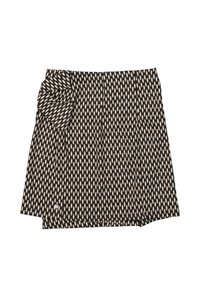 Falda negra con un patrón de diamantes en beige, con un diseño plisado y un lazo decorativo en el lado izquierdo para añadir textura.