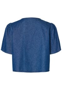 Τζιν κοντό τοπ με κοντά φουσκωτά μανίκια, στρογγυλή λαιμόκοψη και λεία υφή. Διαθέτει μονοχρωμία σε σκούρο μπλε χρώμα. Χωρίς ορατούς κλεισίματα.