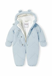 Lichtblauwe gewatteerde sneeuwpak met een capuchon met berenoren, frontale ritsluiting en elastische manchetten; gemaakt van zachte, gewatteerde stof.