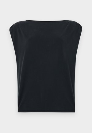 Fekete, rövid ujjas felső, laza szabással, sima, puha anyagból, széles, kerek nyakkivágással. Egyszerű, minimalista dizájn.