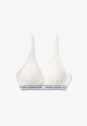 Weißer Soft-Cup-BH mit dünnen verstellbaren Trägern und elastischem Bund unten mit dem Text "United Colors of Benetton".