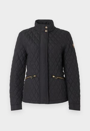 Must tikitud jope püstkraega, kuldsete kinnitusnuppude, lukuga taskute ja varrukatel ning kehal õmmeldud teemantmustriga.