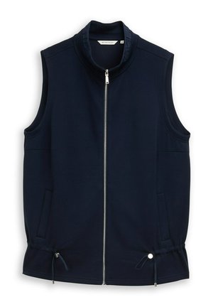 Ärmellose marineblaue Weste mit Stehkragen, vorderem silbernem Reißverschluss, Seitentaschen und verstellbaren Kordelzügen am Saum.