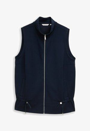 Mouwloos marineblauw vest met opstaande kraag, zilverkleurige rits aan de voorkant, zijzakken en verstelbare trekkoorden aan de zoom.