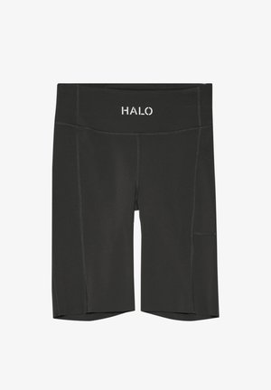 Zwarte sportshorts met een gladde textuur, voorzien van een brede tailleband met het label "HALO" en zijzakken voor opslag.