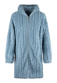 Jasnoniebieska, puszysta bluza z kapturem na zamek, z teksturowanym wzorem warkocza, długimi rękawami i kapturem. Miękka tkanina zapewnia ciepło i wygodę.