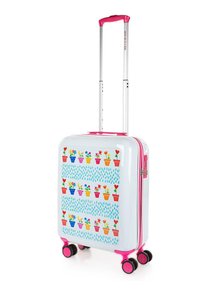 Maleta rígida con detalles en rosa, con un diseño de maceta floral sobre un fondo blanco y cuatro ruedas para facilitar la movilidad.