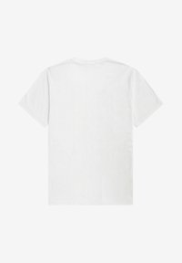 Camiseta de algodón blanca con mangas cortas y cuello redondo. Textura suave, color sólido y sin patrones ni gráficos visibles.