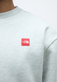 Sudadera gris claro con cuello redondo y tejido texturizado, que presenta un pequeño parche de logo cuadrado rojo de The North Face en la parte frontal.