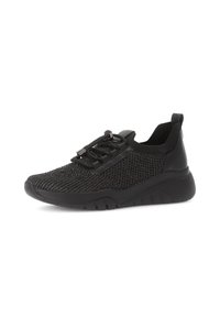 Zwarte sportieve schoen met een gebreide bovenkant, een instapontwerp, elastische veters en een stevige rubberen zool met een gestructureerde grip.