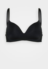 Black padded bralette with smooth fabric, plunge neckline, adjustable straps, and no visible hardware or embellishments.