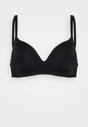 Black padded bralette with smooth fabric, plunge neckline, adjustable straps, and no visible hardware or embellishments.