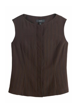 Tmavě hnědá halenka bez rukávů s jemnými vertikálními proužky, kulatým výstřihem, přizpůsobeným střihem a detailem s předním středovým švem.