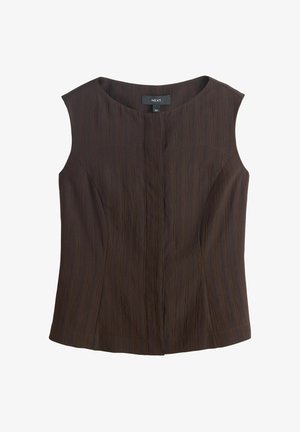 Tmavě hnědá halenka bez rukávů s jemnými vertikálními proužky, kulatým výstřihem, přizpůsobeným střihem a detailem s předním středovým švem.