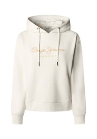 Mikina s kapucňou v bielej farbe sťahovacie šnúrky, manžety na rukávoch a logo "Pepe Jeans London" v béžovej farbe cez hruď.