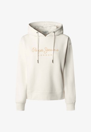 Off-white hættetrøje med snore, manchetter ved ærmerne og "Pepe Jeans London" logo i beige på tværs af brystet.