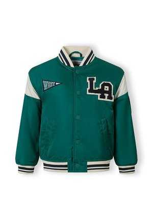 Zelena univerzitetna jopica z belimi črtami na rokavih in ovratniku, značke z napisi "WEST" in "LA", zapenjanje na gumbe ter sprednji žepi.