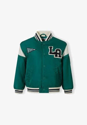 Green varsity jacket with white stripes on sleeves and collar, patches reading "WEST" and "LA," button closure, and front pockets.