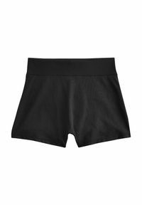 Zwarte shorts gemaakt van gladde stof. Voorzien van een brede, niet-beperkende tailleband. Eenvoudig ontwerp zonder patronen of zichtbare hardware.