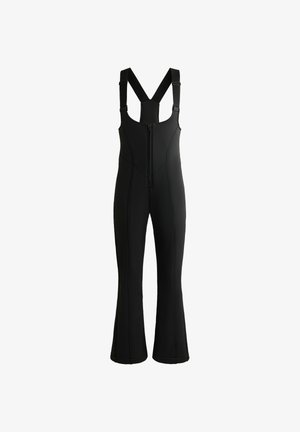 Zwarte bretels gemaakt van gestructureerde stof, met verstelbare bandjes, een rits aan de voorkant en uitlopende benen met stiksel details.