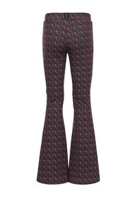 Uitlopende broeken met een hoge tailleband, voorzien van een houndstooth patroon in donkergrijs en bordeauxrode kleuren. Gemaakt van een rekbare stof.