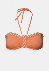 Top de bikini laranja em estilo bandeau com detalhes trançados em tons mais claros nas bordas. O material é suave, com alças ajustáveis para um melhor encaixe.