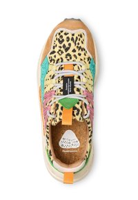 Sneaker features a multi-colored upper with leopard print, suede accents, and a textured cork insole. Includes gray laces and a bright orange pull tab.