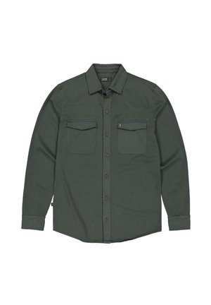 Dark green long-sleeve shirt with a button-down collar, two chest pockets, and a subtle texture. Features a straight hem and button closure.