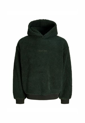 Grøn fleece hoodie med en struktureret, fluffy overflade, en stor hætte og ribbede manchetter og kant. Har et lille logo foran.