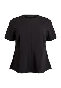 Juodas trumpas rankovėmis viršus su apvaliu iškirpimu. Pagamintas iš lygios medžiagos, pasižymi subtiliai platėjanti siluetu ir centrinėmis siūlėmis.