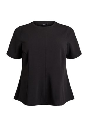 Must musthiee varrukatega särk ümmarguse kaelusega. Valmistatud siledast kangast, millel on kergelt laienev siluett ja keskmisel õmblusel detail.