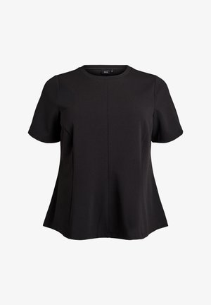 Must musthiee varrukatega särk ümmarguse kaelusega. Valmistatud siledast kangast, millel on kergelt laienev siluett ja keskmisel õmblusel detail.