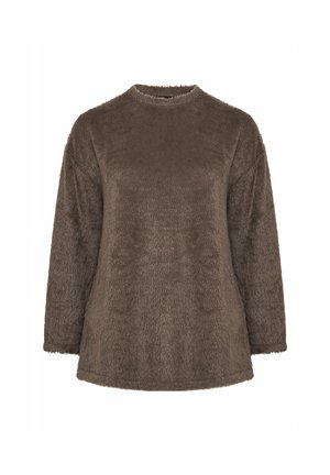 Maglione lungo a maniche con una vestibilità comoda, di colore marrone e peloso, con collo rotondo. La texture è morbida con una leggera lucentezza, che conferisce un aspetto accogliente.