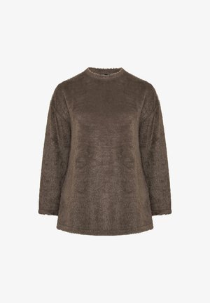 Maglione lungo a maniche con una vestibilità comoda, di colore marrone e peloso, con collo rotondo. La texture è morbida con una leggera lucentezza, che conferisce un aspetto accogliente.