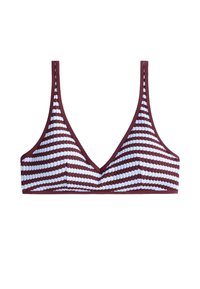 Bralette côtelé rayé bordeaux et blanc avec fines bretelles et un décolleté en V profond, posé à plat sur un fond blanc.