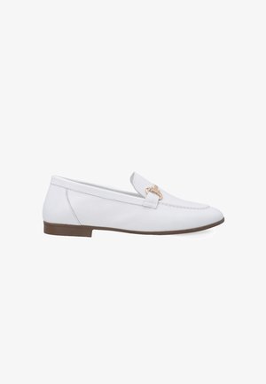 White leather loafers with a small beige accent and a thin rubber sole, featuring a classic design and minimal stitching details.