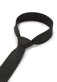 Cravate noire en tissage, avec un motif à carreaux subtil et de petits points blancs, présentant un design classique et une texture lisse, adaptée à une tenue formelle.