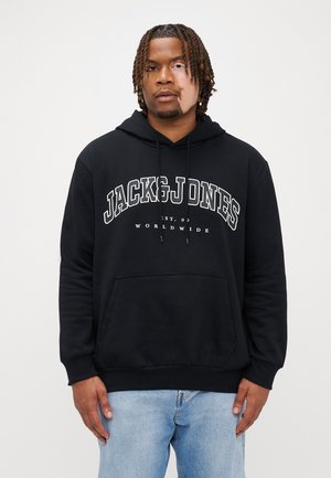 Schwarze Kapuzenjacke aus Baumwollmischung mit einer vorderen Kängurutasche, Kordelzugkapuze und auffälligem weißen Textlogo über der Brust.