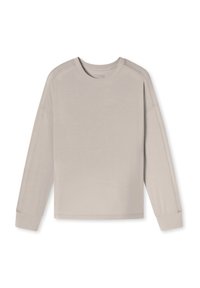 Jasnoszara, długosleeve'owa koszulka z okrągłym dekoltem, opadającymi ramionami i prążkowanymi mankietami. Gładka textura, luźny krój, minimalistyczny design.