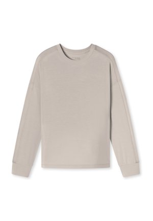 Jasnoszara, długosleeve'owa koszulka z okrągłym dekoltem, opadającymi ramionami i prążkowanymi mankietami. Gładka textura, luźny krój, minimalistyczny design.