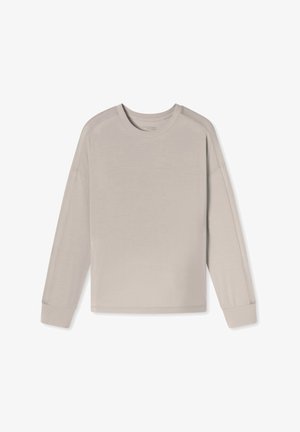 Jasnoszara, długosleeve'owa koszulka z okrągłym dekoltem, opadającymi ramionami i prążkowanymi mankietami. Gładka textura, luźny krój, minimalistyczny design.